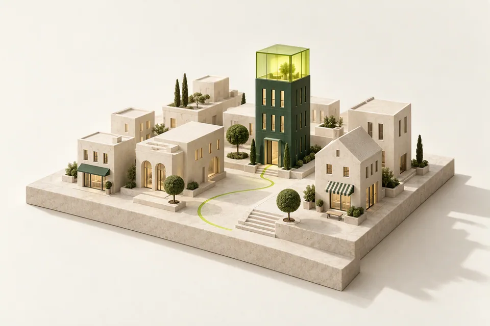 A forest-green building with a luminous lime rooftop stands above an ivory neighborhood.