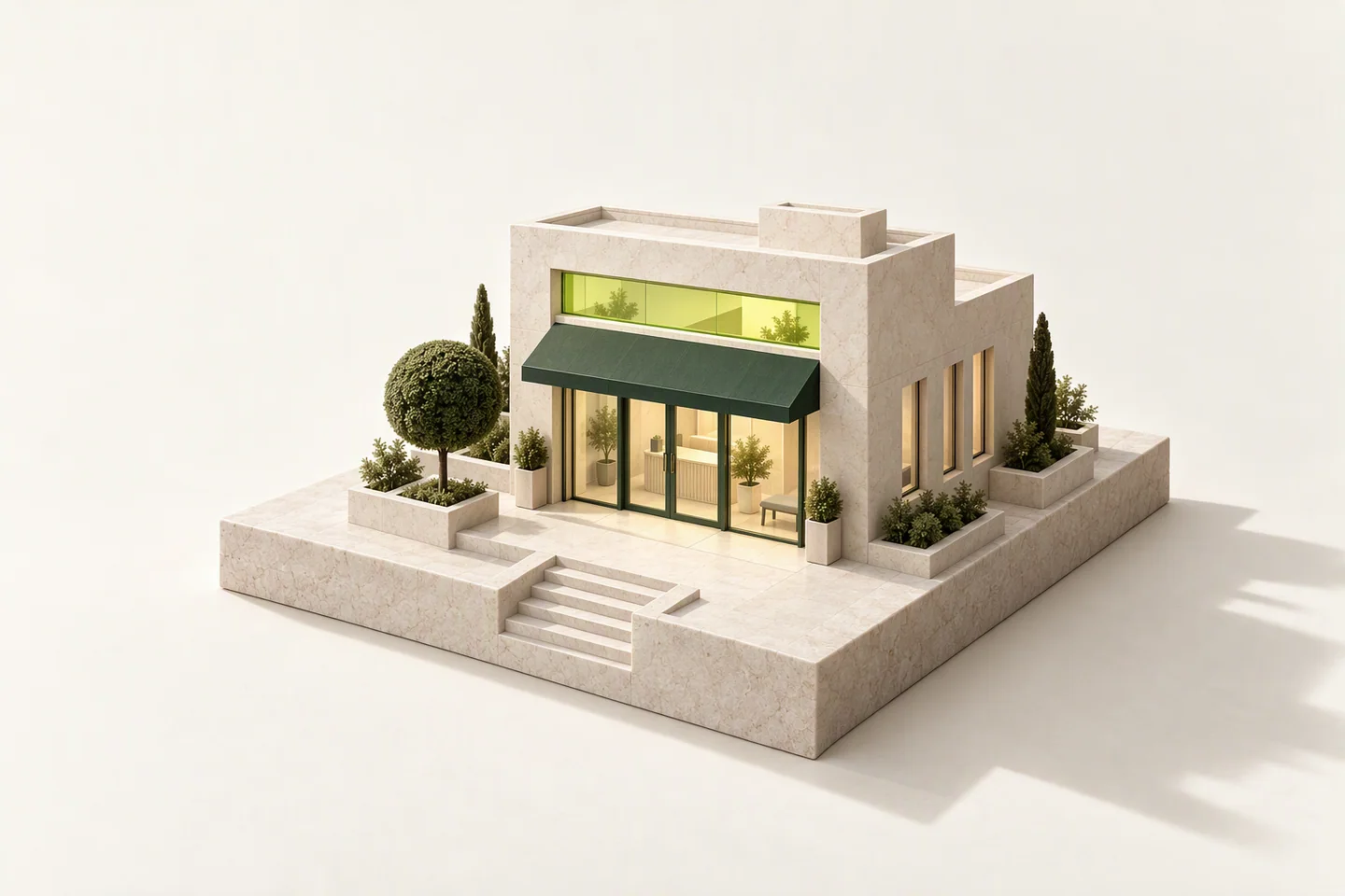Conceptual model of a low ivory clinic storefront with a forest-green awning and a glowing chartreuse transom window on a limestone plinth.