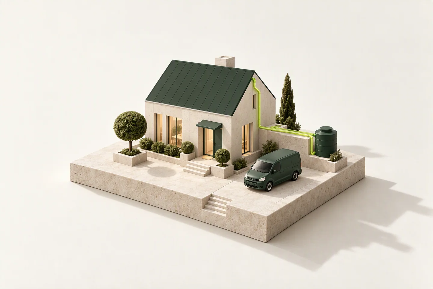 Conceptual model of an ivory house with a forest-green roof, a chartreuse pipe run along its wall and a green service van parked on a limestone plinth.