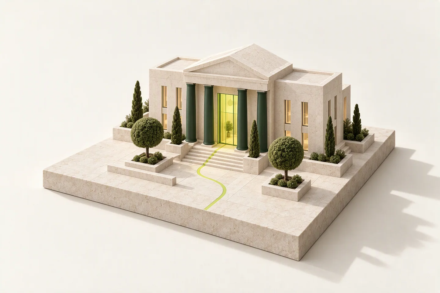 Conceptual model of an ivory civic building with four forest-green columns and a glowing chartreuse doorway, with a chartreuse path crossing a limestone courtyard.