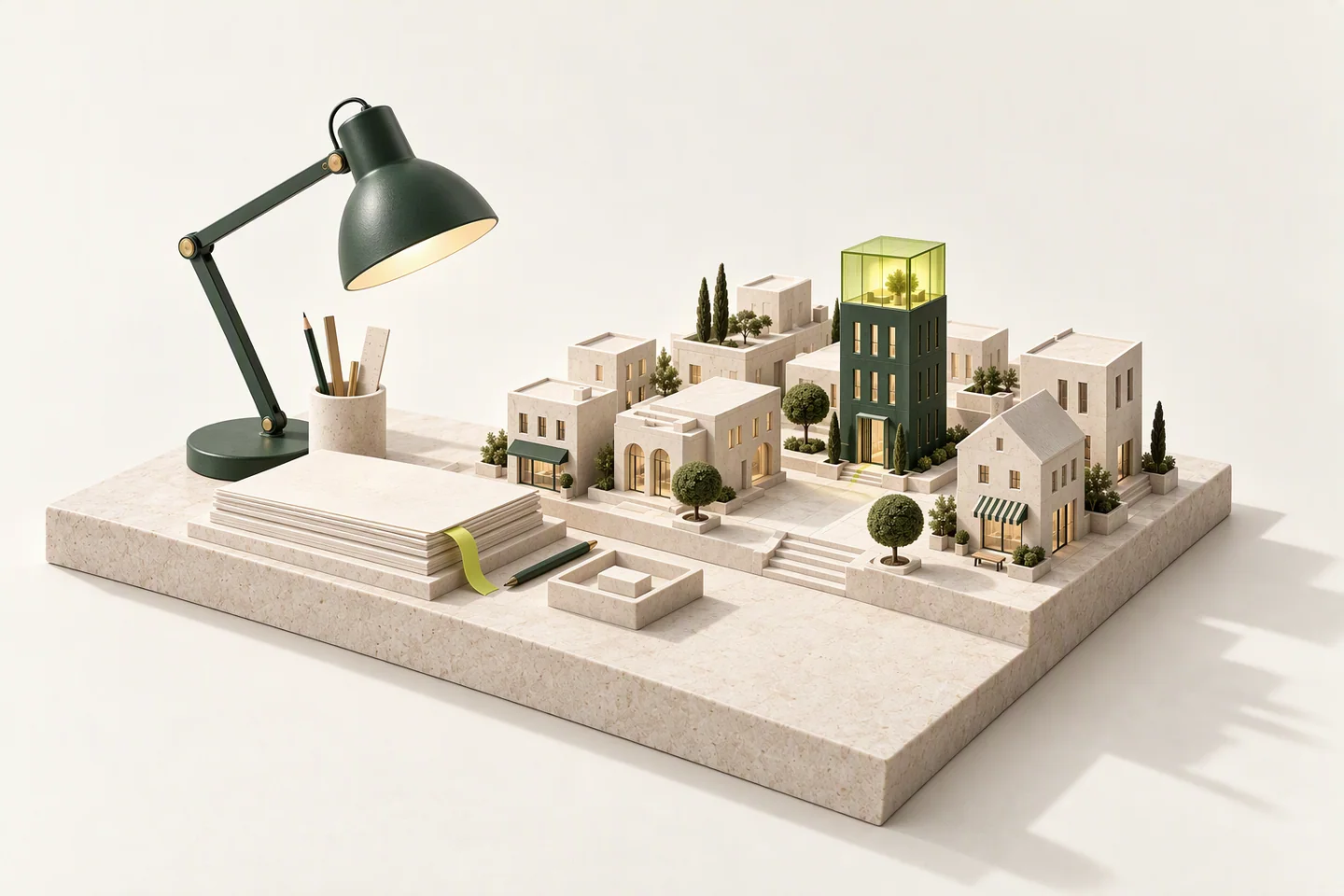 Conceptual model of a forest-green drafting lamp over a stack of ivory folios with a chartreuse ribbon, beside a small ivory neighborhood model whose one forest-green tower is topped with glowing chartreuse glass.
