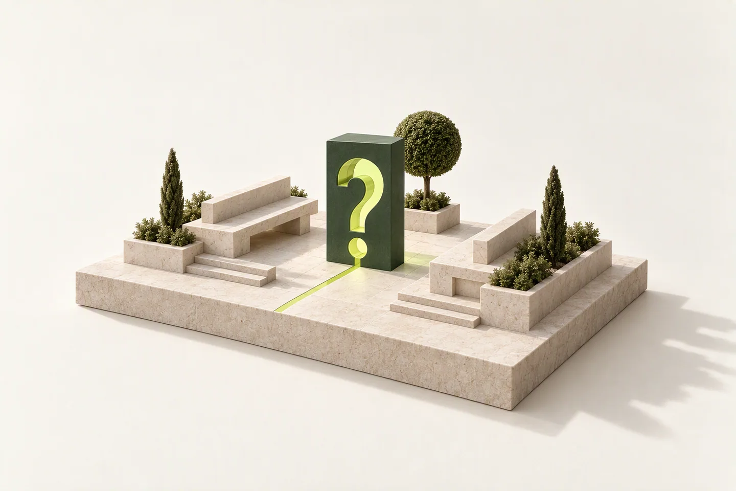 Conceptual model of two limestone benches facing each other across a chartreuse path on an ivory plinth, with a forest-green block carrying a glowing chartreuse question mark between them and a topiary sphere behind.