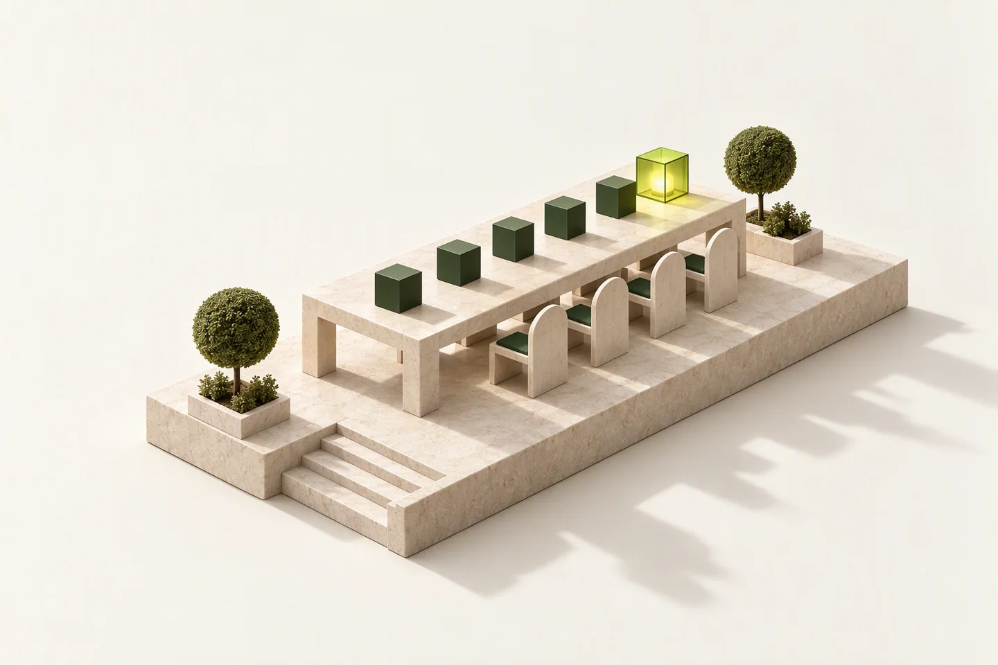 Conceptual model of a long ivory reading table on a limestone plinth with a row of small forest-green question blocks and one glowing chartreuse lantern block at the far end.