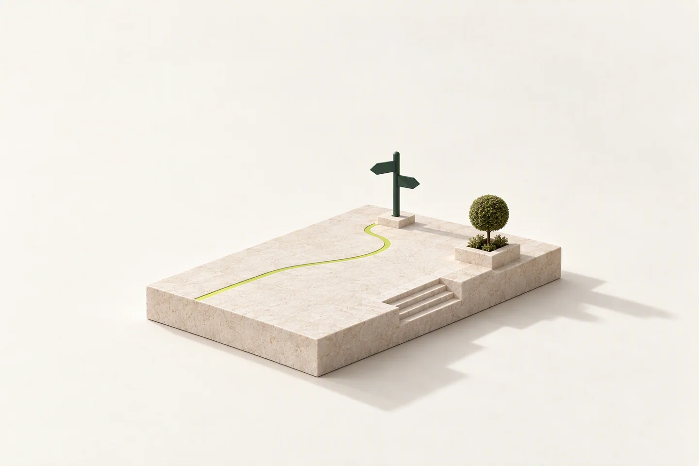 Conceptual model of an almost empty limestone plinth on an ivory sweep, where one thin chartreuse path ends at a single forest-green signpost, with a small topiary sphere far to one side.